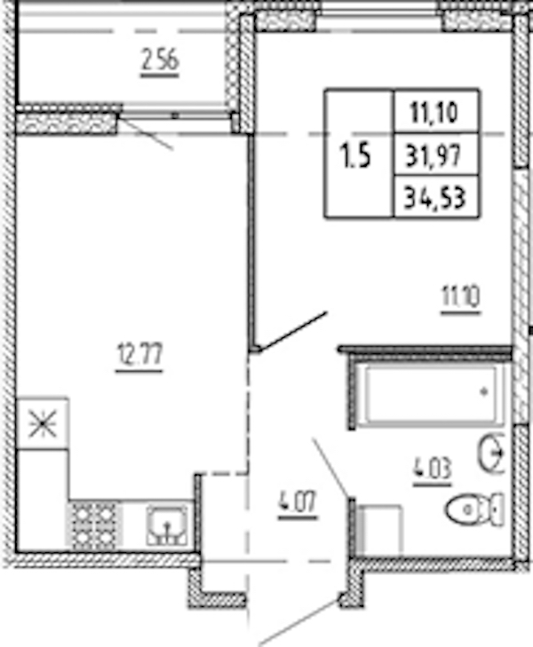 1-комнатная квартира 31.97 м², 13/22 эт., ЖК «Новые горизонты 2»